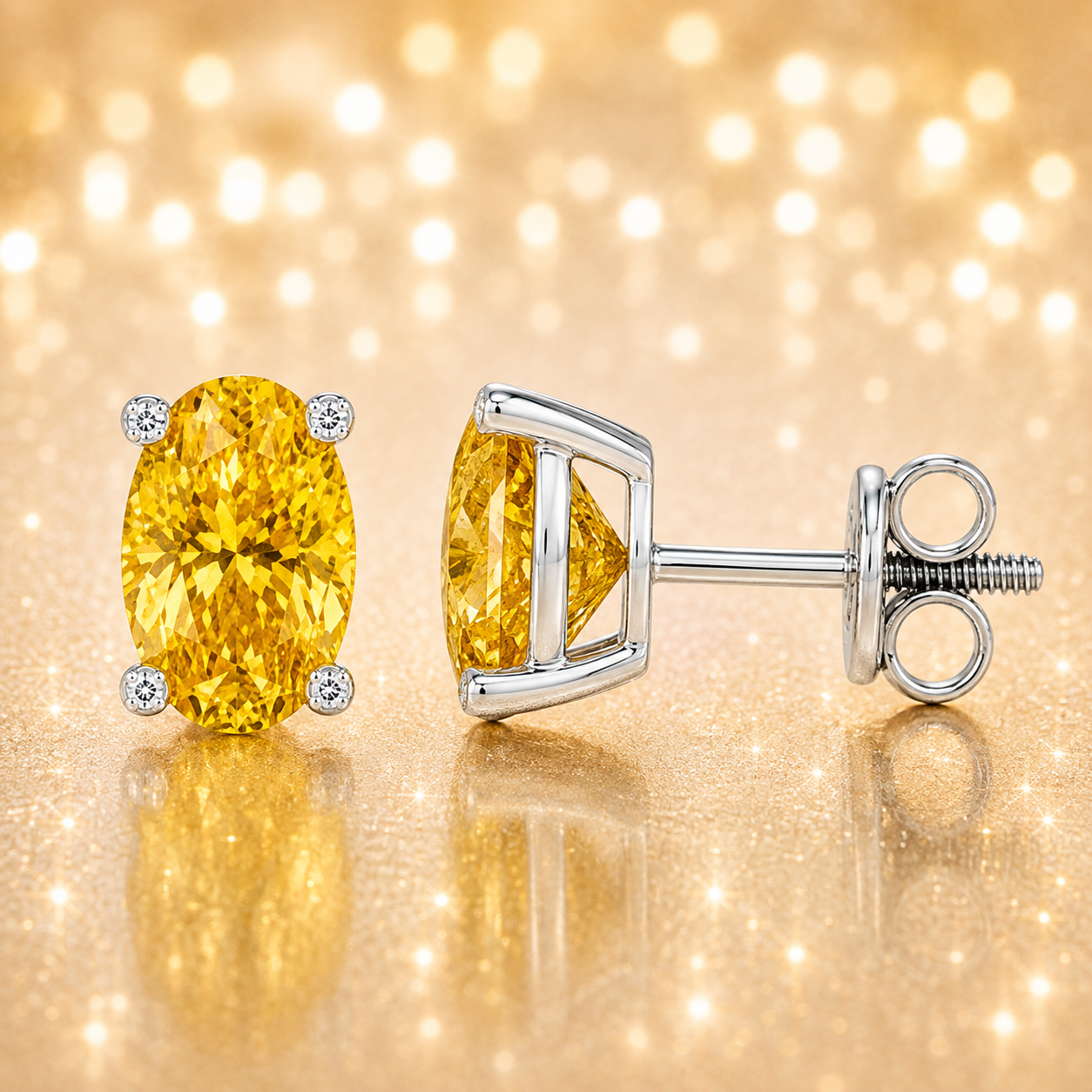 Oval yellow sapphire stud earrings with 6×4 mm oval stones and moissanite prongs in white gold plated 925 silver. Available now at BSI Jewelry.