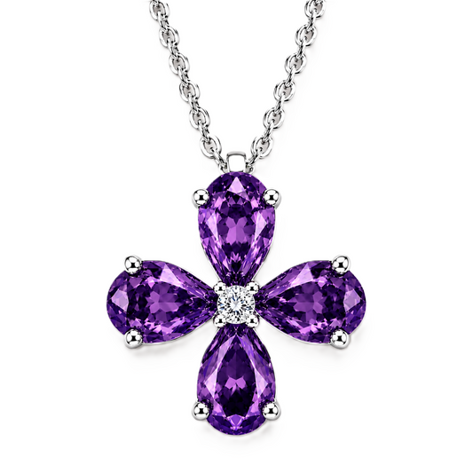 Pear amethyst flower pendant featuring four 5×4 mm pear gemstones in white gold-plated 925 silver with moissanite accent and available now at BSI Jewelry.
