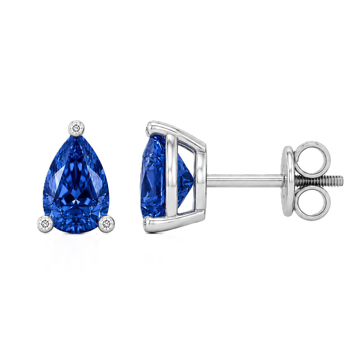 Pear blue sapphire stud earrings with 6×4 mm stones and moissanite prongs in white gold plated 925 silver. Available now at BSI Jewelry.