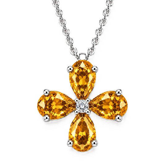 Pear citrine flower pendant featuring four 5×4 mm pear gemstones in white gold-plated 925 silver with moissanite accent, available now at BSI Jewelry.