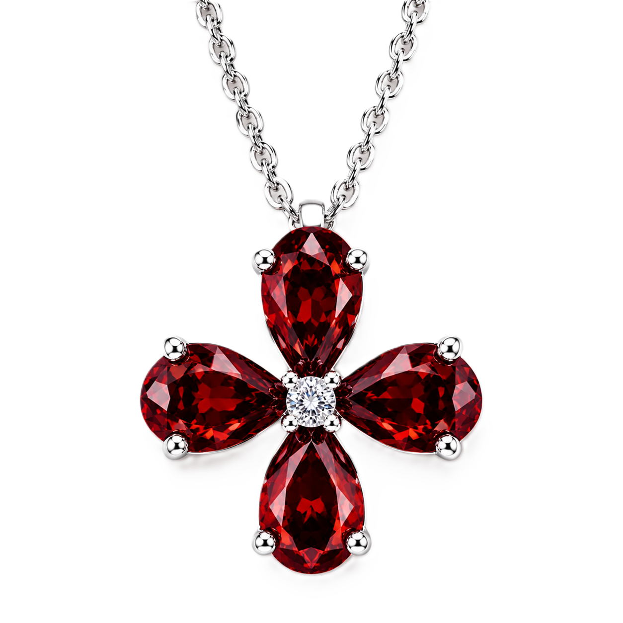 Pear garnet flower pendant featuring four 5×4 mm pear gemstones in white gold-plated 925 silver with moissanite accent and available now at BSI Jewelry.