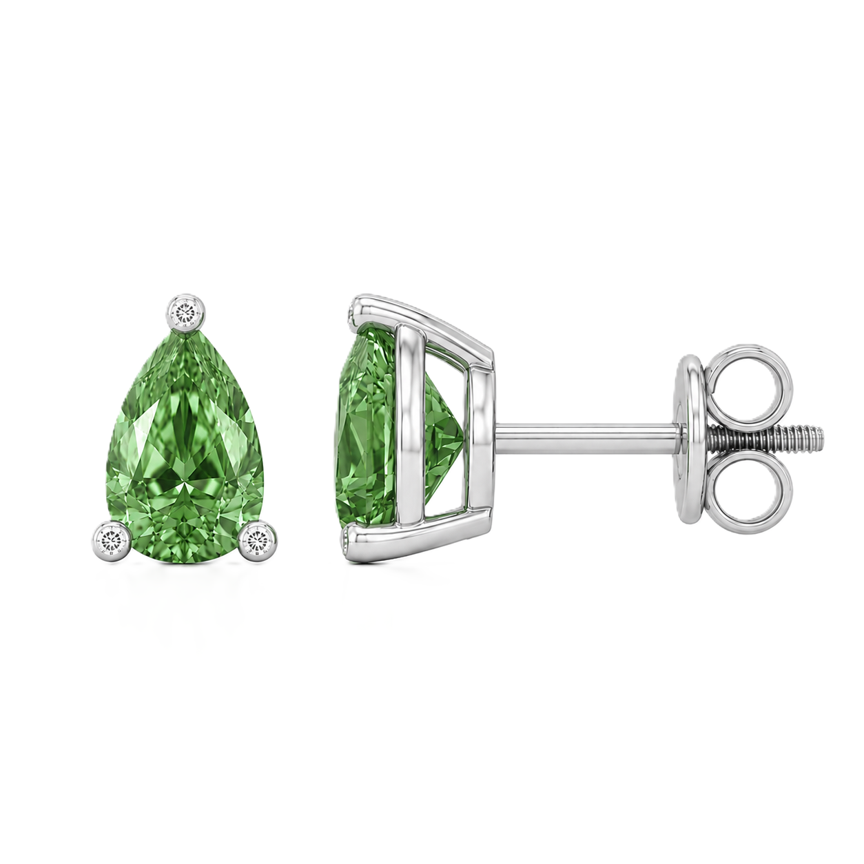 Pear green sapphire stud earrings with 6×4 mm stones and moissanite prongs in white gold plated 925 silver. Available now at BSI Jewelry.