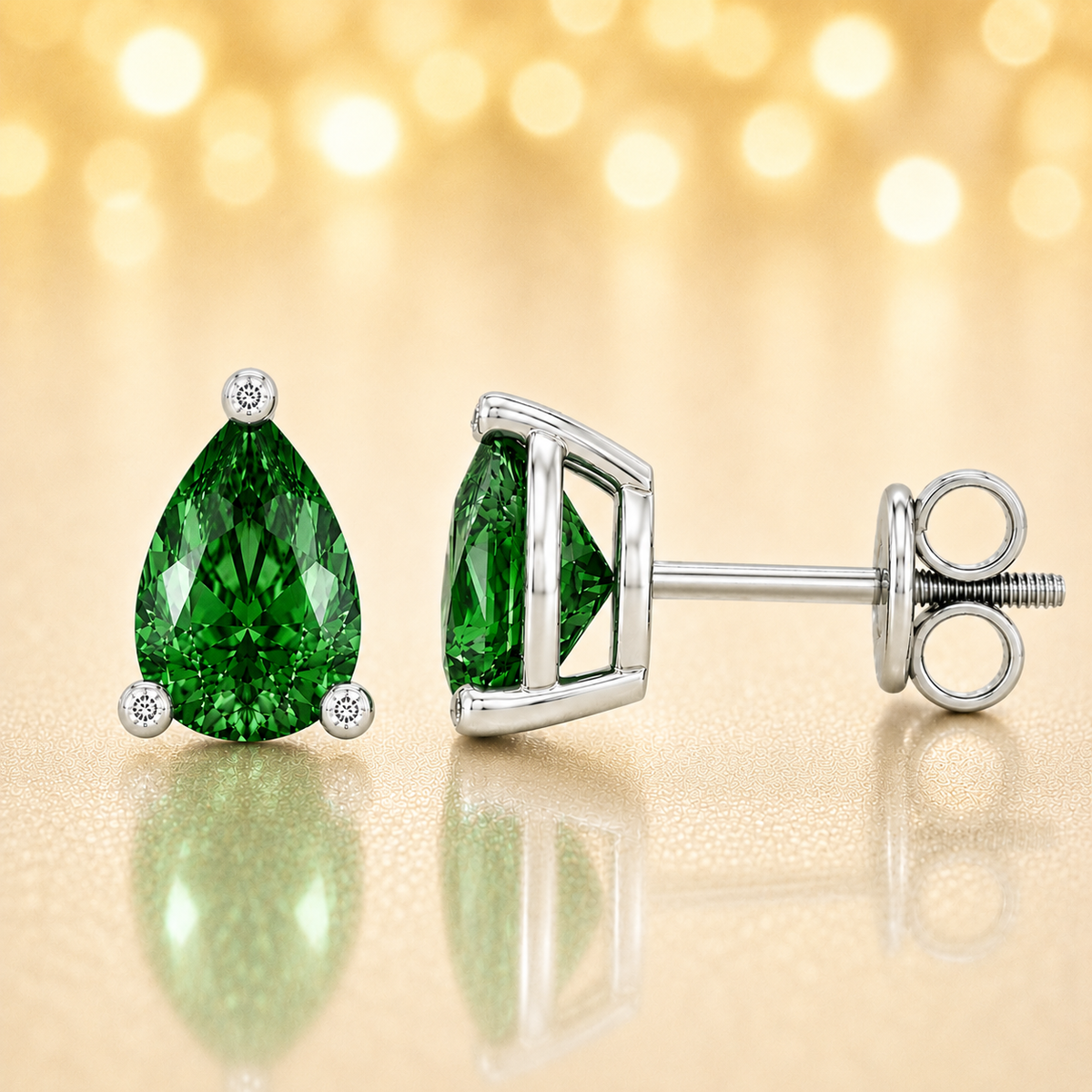 Pear green sapphire stud earrings with 6×4 mm stones and moissanite prongs in white gold plated 925 silver. Available now at BSI Jewelry.