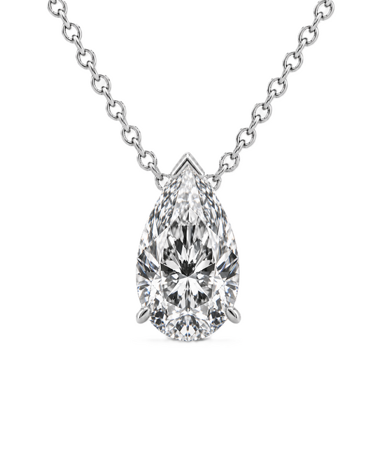 Pear moissanite necklace, 8×5 mm pear, set in white gold-plated 925 silver. Brilliant sparkle, elegant and timeless for daily wear. Available now at BSI Jewelry.