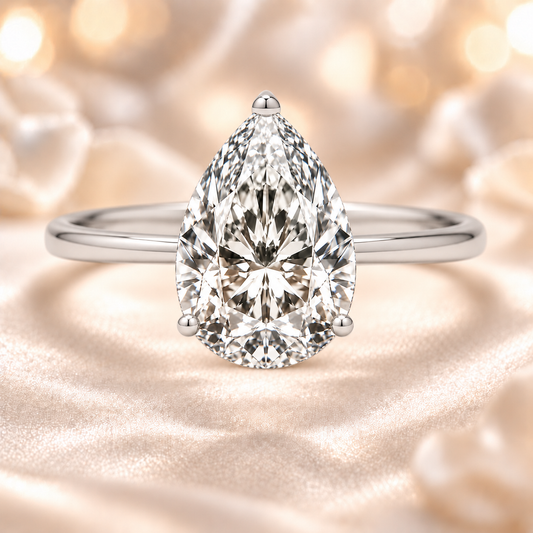 Pear moissanite ring, 10×7 mm, crafted in white gold-plated 925 silver. Brilliant and elegant for daily wear. Available now at BSI Jewelry.