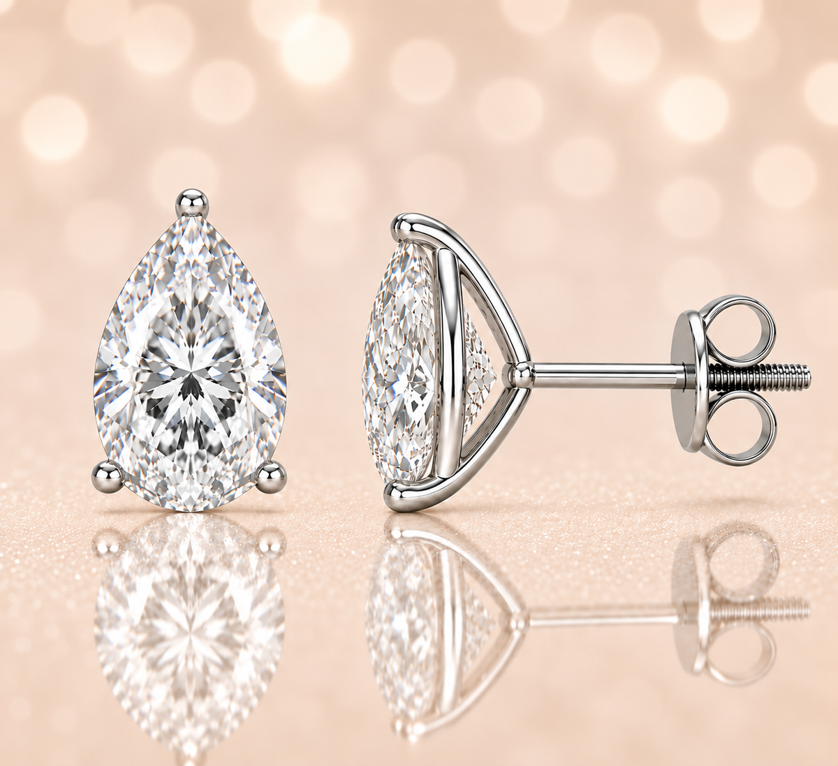 Pear moissanite stud earrings, 8×6 mm, set in white gold-plated 925 silver. Hypoallergenic with secure screw-back posts. Available now at BSI Jewelry.