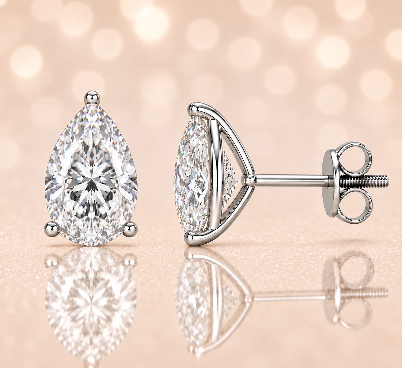 Pear moissanite stud earrings, 8×6 mm, set in white gold-plated 925 silver. Hypoallergenic with secure screw-back posts. Available now at BSI Jewelry.