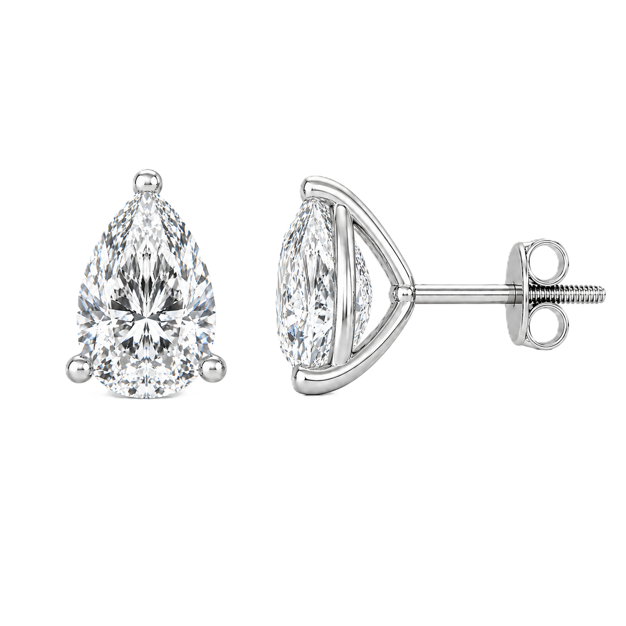 Pear moissanite stud earrings, 8×6 mm, set in white gold-plated 925 silver. Hypoallergenic with secure screw-back posts. Available now at BSI Jewelry.