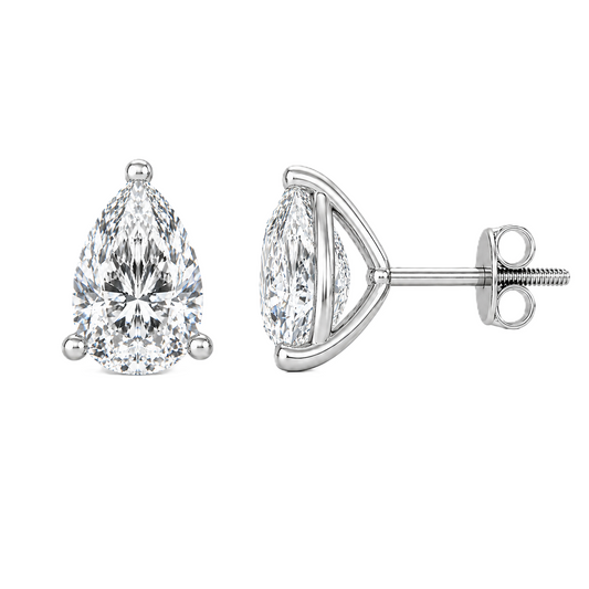 Pear moissanite stud earrings, 8×6 mm, set in white gold-plated 925 silver. Hypoallergenic with secure screw-back posts. Available now at BSI Jewelry.