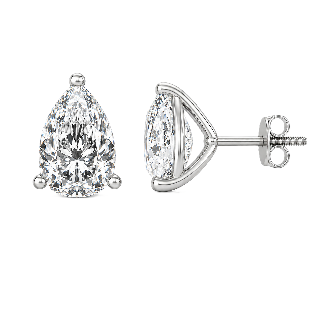 Pear moissanite stud earrings, 9×7 mm pear in white gold-plated 925 silver with secure screw-back posts. Elegant sparkle for daily wear. Available at BSI Jewelry.