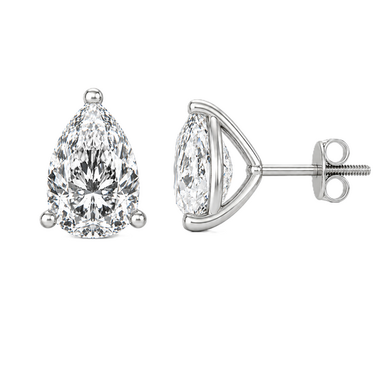 Pear moissanite stud earrings, 9×7 mm pear in white gold-plated 925 silver with secure screw-back posts. Elegant sparkle for daily wear. Available at BSI Jewelry.