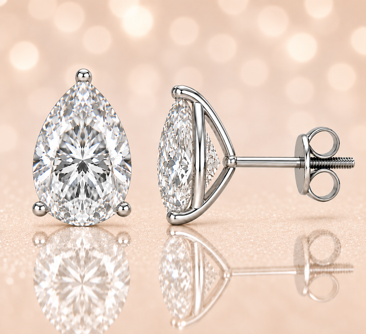 Pear moissanite stud earrings, 9×7 mm pear in white gold-plated 925 silver with secure screw-back posts. Elegant sparkle for daily wear. Available at BSI Jewelry.