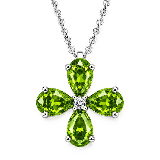 Pear peridot flower pendant featuring four 5×4 mm pear gemstones in white gold-plated 925 silver with moissanite accent and available now at BSI Jewelry.