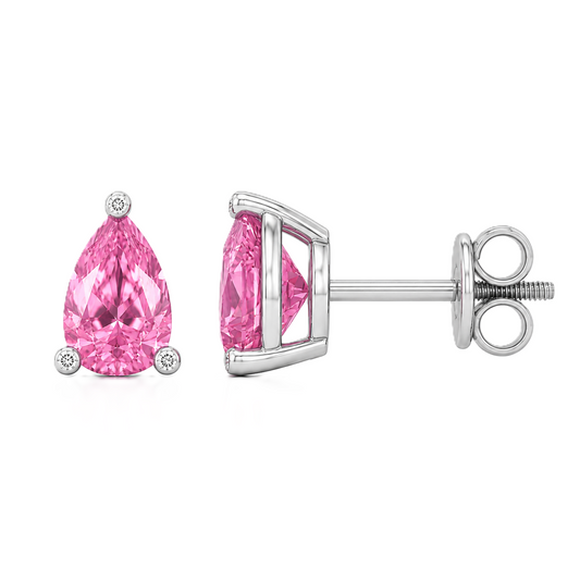 Pear pink sapphire stud earrings with 6×4 mm stones and moissanite prongs in white gold plated 925 silver. Available now at BSI Jewelry.