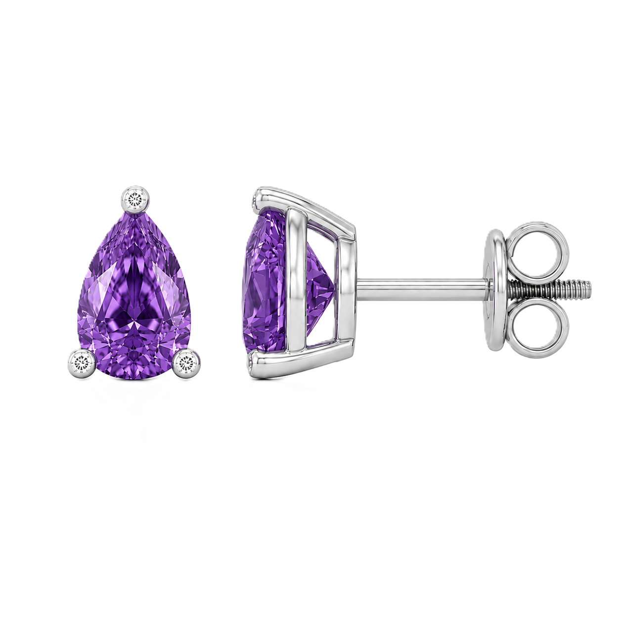 Pear purple sapphire stud earrings with 6×4 mm stones and moissanite prongs in white gold plated 925 silver. Available now at BSI Jewelry.