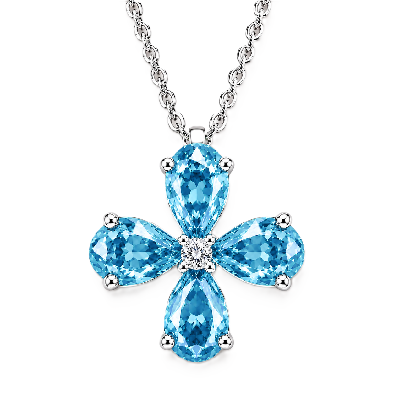 Pear sky blue topaz flower pendant featuring four 5×4 mm pear gemstones in white gold-plated 925 silver with moissanite accent and available now at BSI Jewelry.