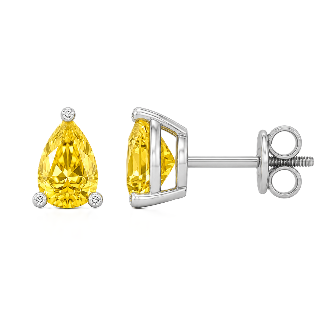 Pear yellow sapphire stud earrings with 6×4 mm stones and moissanite prongs in white gold plated 925 silver. Available now at BSI Jewelry.
