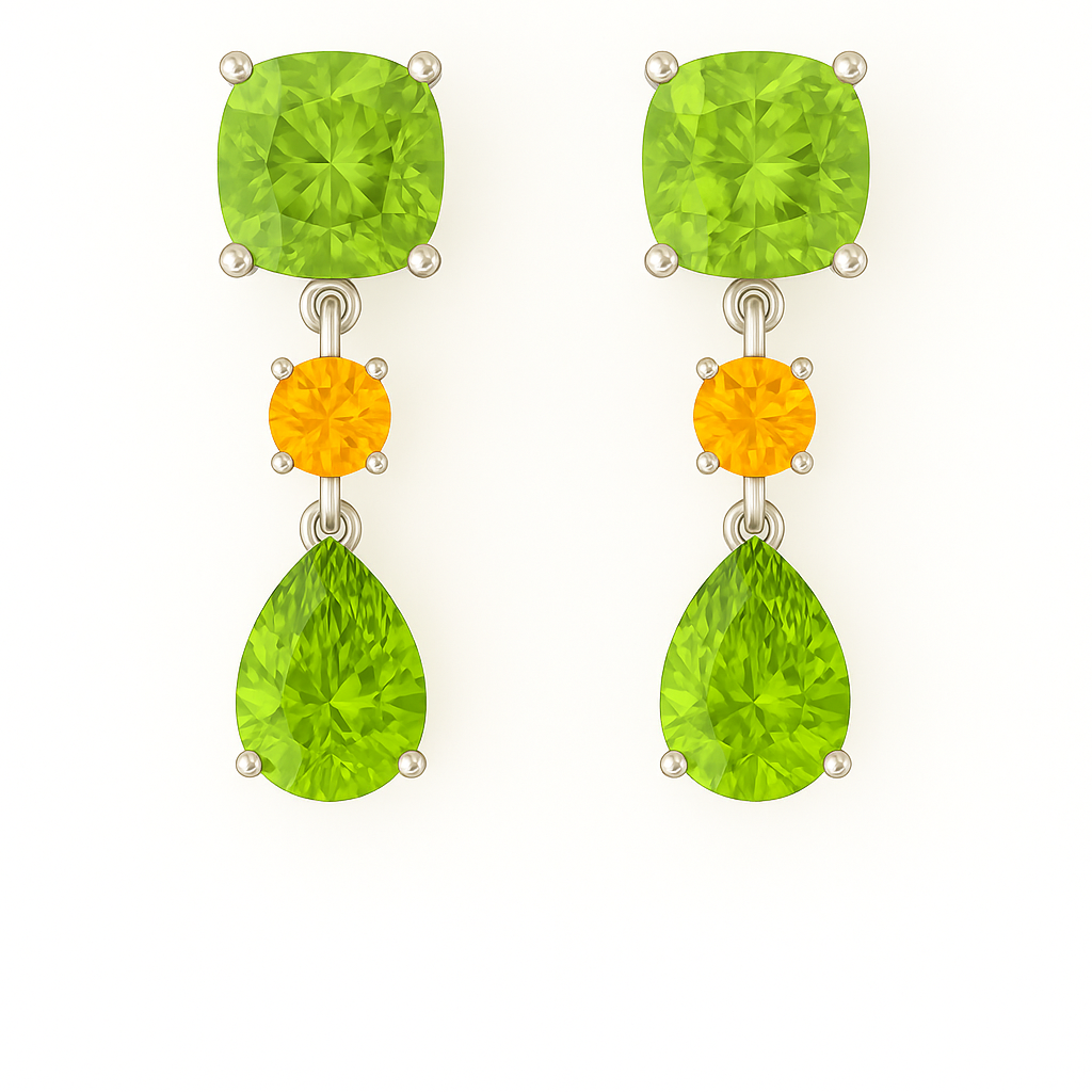 Peridot & Citrine Stud Earrings featuring cushion and pear cuts, crafted in white gold-plated 925 silver. Graceful and hypoallergenic. Available at BSI Jewelry.