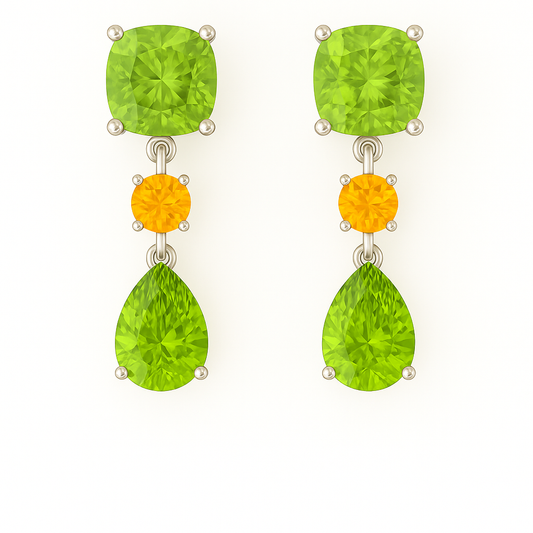 Peridot & Citrine Stud Earrings featuring cushion and pear cuts, crafted in white gold-plated 925 silver. Graceful and hypoallergenic. Available at BSI Jewelry.