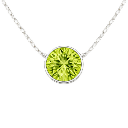 Peridot necklace with a 6 mm round in white gold-plated 925 silver. Elegant, hypoallergenic, and refined for daily wear. Available now at BSI Jewelry.