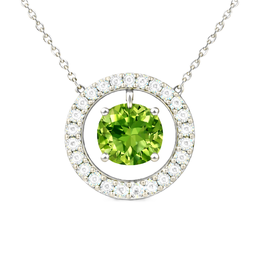 Peridot necklace with a 6 mm round gemstone and moissanite halo in white gold-plated 925 silver. Elegant and radiant. Available now at BSI Jewelry.