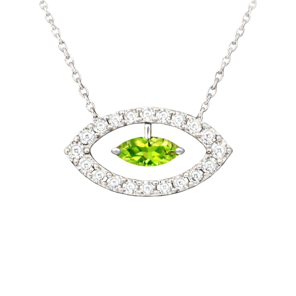 Peridot necklace with a 7×3.5 mm marquise-cut stone in white gold-plated 925 silver, accented with moissanite. Available now at BSI Jewelry.