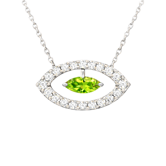 Peridot necklace with a 7×3.5 mm marquise-cut stone in white gold-plated 925 silver, accented with moissanite. Available now at BSI Jewelry.