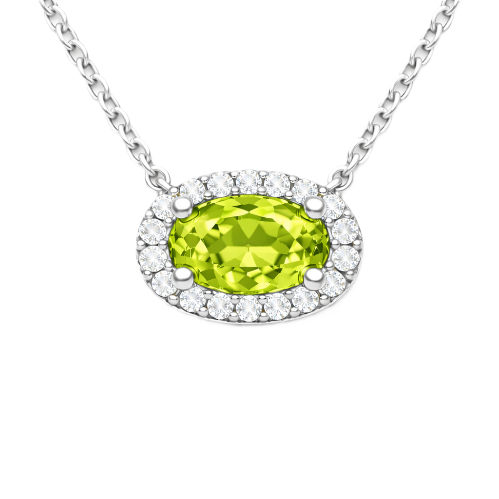 Peridot necklace with a 7×4 mm oval in white gold-plated 925 silver, with moissanite. Elegant and refined for daily wear. Available now at BSI Jewelry.