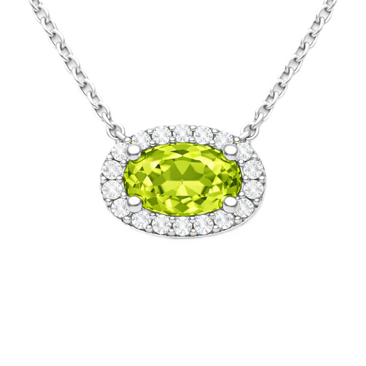 Peridot necklace with a 7×4 mm oval in white gold-plated 925 silver, with moissanite. Elegant and refined for daily wear. Available now at BSI Jewelry.
