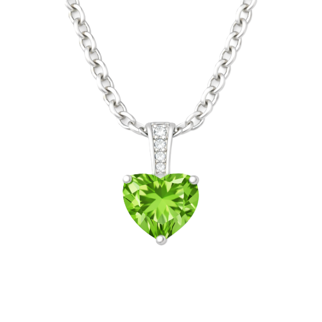 Peridot pendant with a 6 mm heart gemstone in white gold-plated 925 silver. Fresh, elegant, and radiant for daily wear. Available now at BSI Jewelry.
