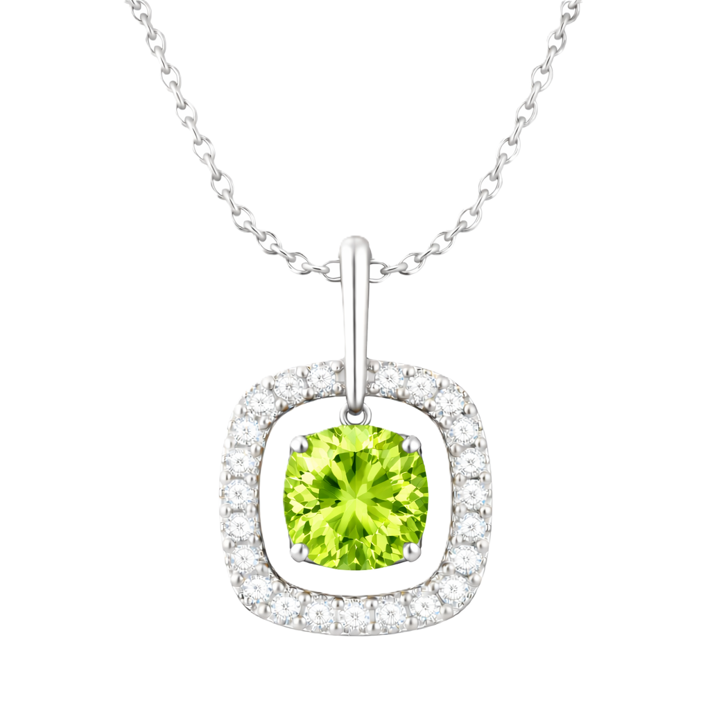 Peridot pendant with a 7 mm cushion-cut in white gold-plated 925 silver, accented by a moissanite halo. Elegant and refined. Available now at BSI Jewelry.