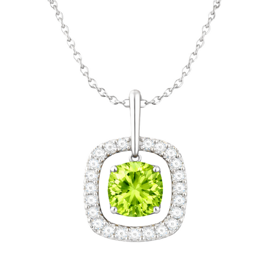 Peridot pendant with a 7 mm cushion-cut in white gold-plated 925 silver, accented by a moissanite halo. Elegant and refined. Available now at BSI Jewelry.