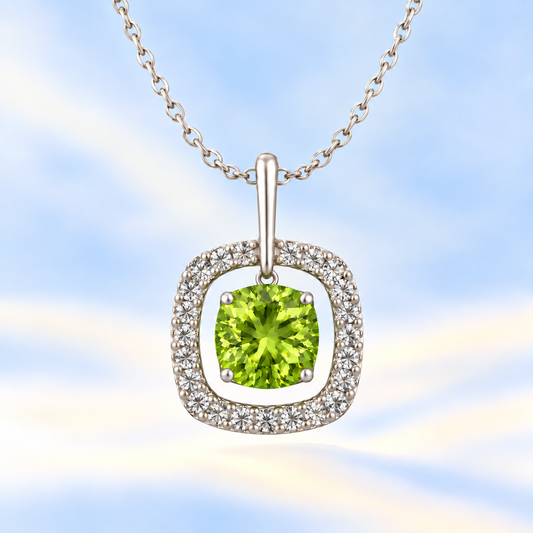 Peridot pendant with a 7 mm cushion-cut in white gold-plated 925 silver, accented by a moissanite halo. Elegant and refined. Available now at BSI Jewelry.