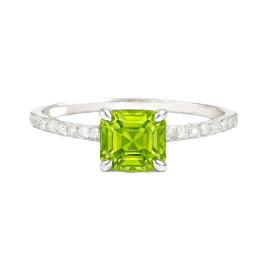 Peridot ring with a 6 mm Asscher-cut stone in white gold-plated 925 silver, accented with moissanite and fresh green brilliance. Available now at BSI Jewelry.