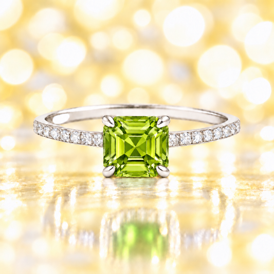 Peridot ring with a 6 mm Asscher-cut stone in white gold-plated 925 silver, accented with moissanite and fresh green brilliance. Available now at BSI Jewelry.