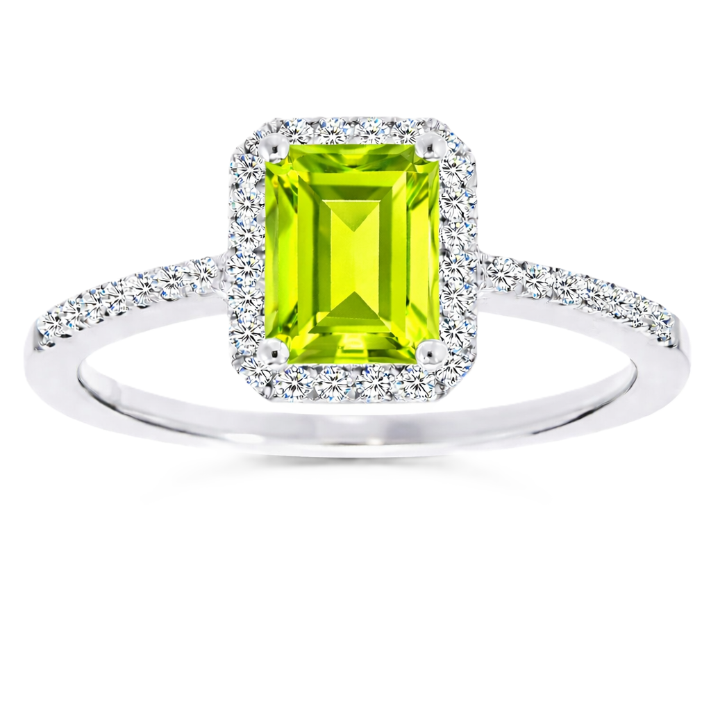 Peridot ring with a 7×5 mm emerald cut, with moissanite in white gold-plated 925 silver. Elegant and timeless for daily wear. Available now at BSI Jewelry.