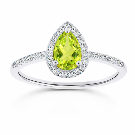 Peridot ring with a 7×5 mm pear cut, with moissanite in white gold-plated 925 silver. Elegant and timeless for daily wear. Available now at BSI Jewelry.