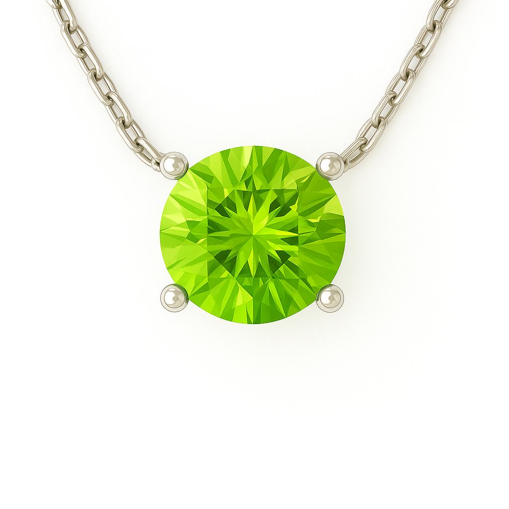 Peridot solitaire necklace, 6mm round brilliant cut, crafted in white gold-plated 925 silver with palladium alloy, hypoallergenic. Available now at BSI Jewelry.