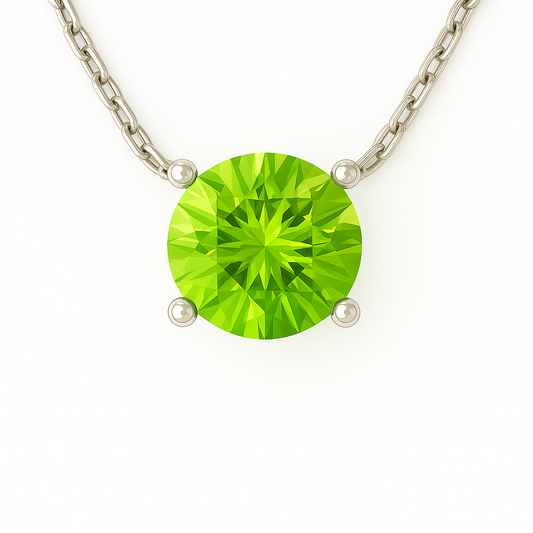 Peridot solitaire necklace, 6mm round brilliant cut, crafted in white gold-plated 925 silver with palladium alloy, hypoallergenic. Available now at BSI Jewelry.