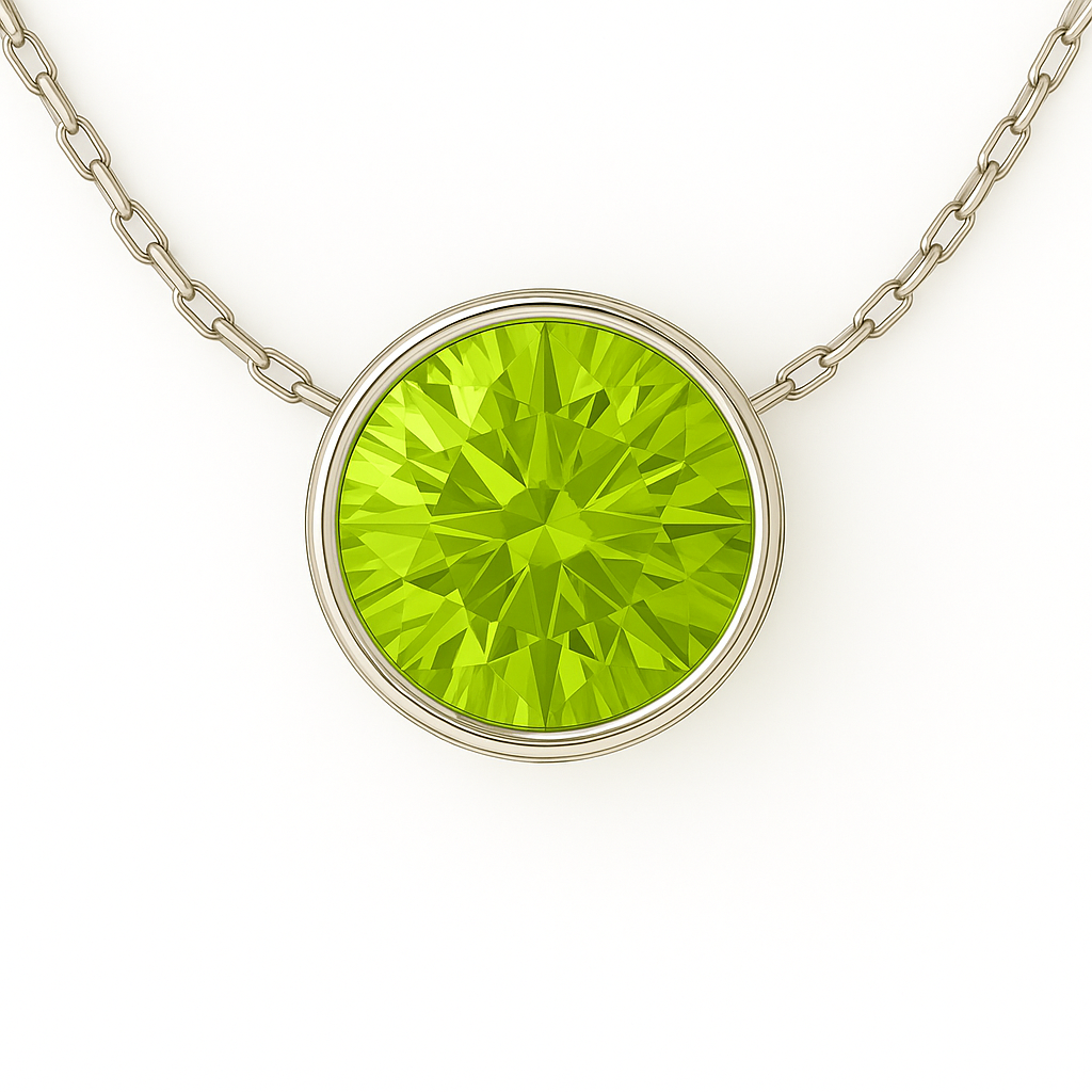 Peridot solitaire necklace, 6mm round brilliant cut, crafted in white gold-plated 925 silver with palladium alloy, hypoallergenic. Available now at BSI Jewelry.