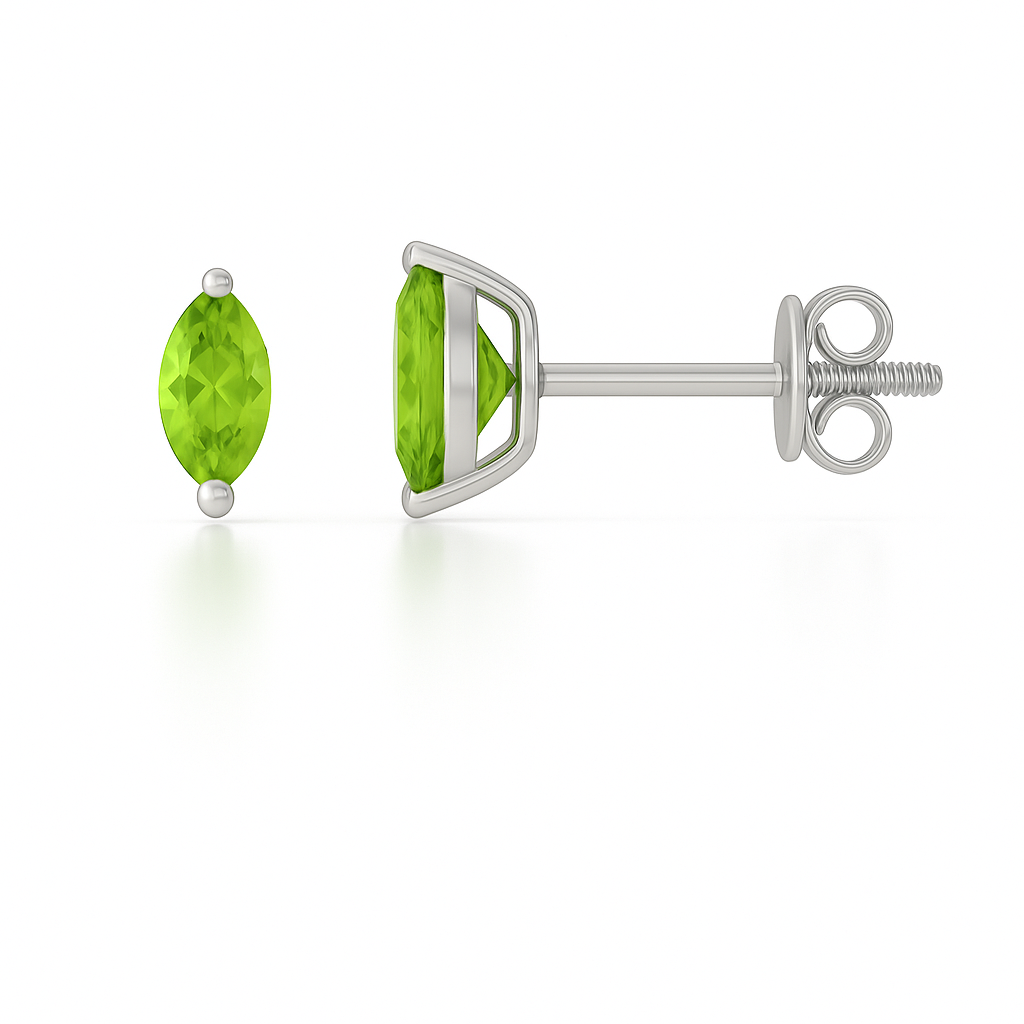 Peridot stud earrings in 6×3 mm marquise cut, crafted in white gold-plated 925 silver. Hypoallergenic and elegant for daily wear. Available now at BSI Jewelry.