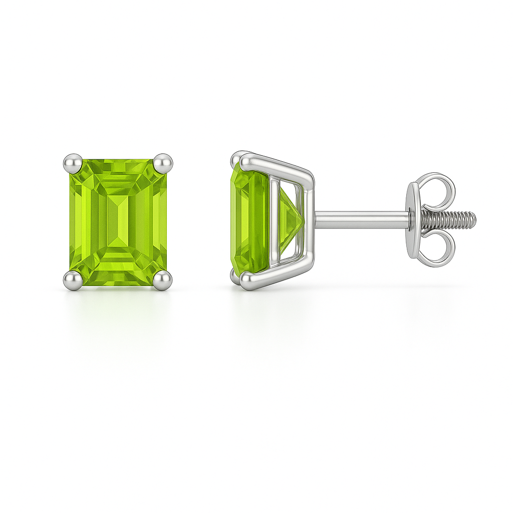 Peridot stud earrings, 6×4 mm emerald cut, crafted in white gold-plated 925 silver with palladium alloy. Elegant and hypoallergenic. Available at BSI Jewelry.