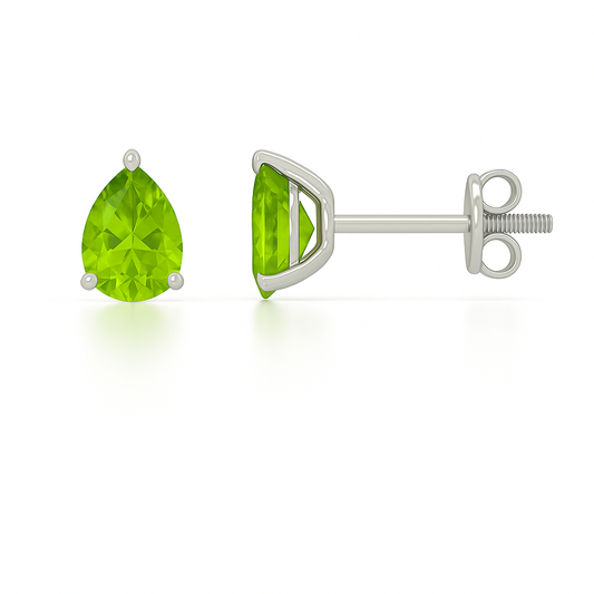 Peridot stud earrings, 6×4 mm pear cut, in white gold-plated 925 silver with palladium alloy. Radiant and hypoallergenic. Available now at BSI Jewelry.