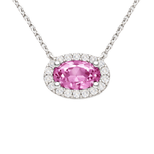 Pink amethyst necklace with a 7×4 mm oval in white gold-plated 925 silver, with moissanite. Elegant and refined for daily wear. Available now at BSI Jewelry.