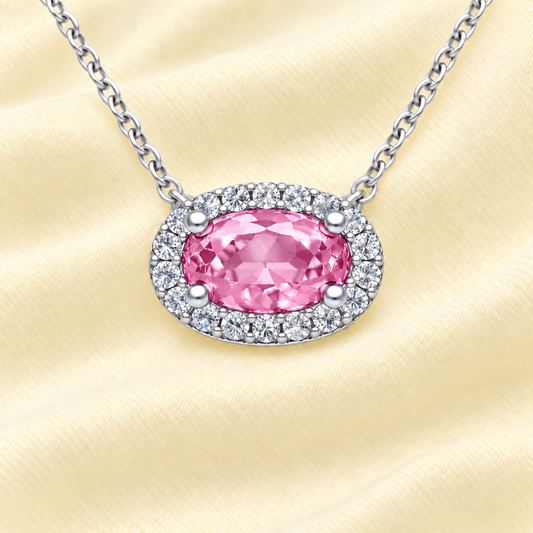 Pink amethyst necklace with a 7×4 mm oval in white gold-plated 925 silver, with moissanite. Elegant and refined for daily wear. Available now at BSI Jewelry.