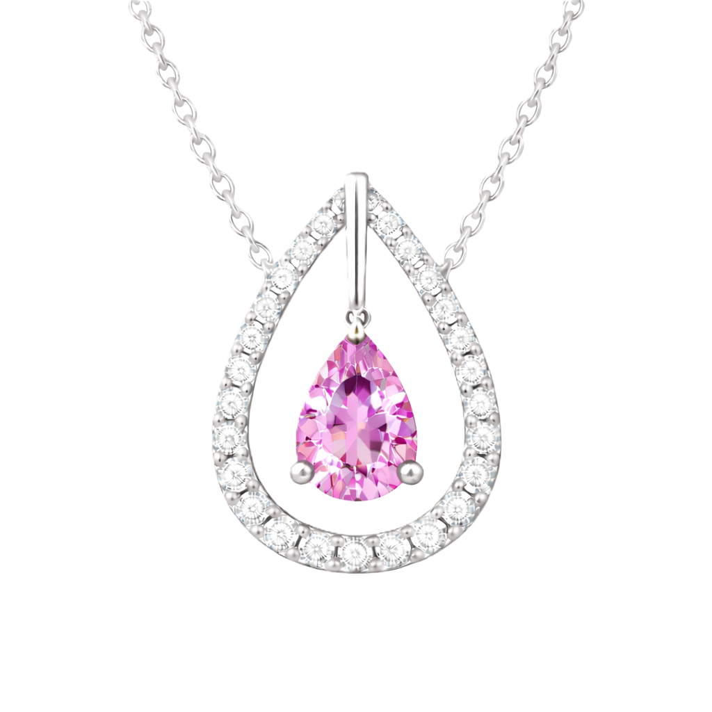 Pink amethyst necklace with a 7×5 mm pear-cut in white gold-plated 925 silver, accented by a moissanite halo. Elegant and refined. Available now at BSI Jewelry.