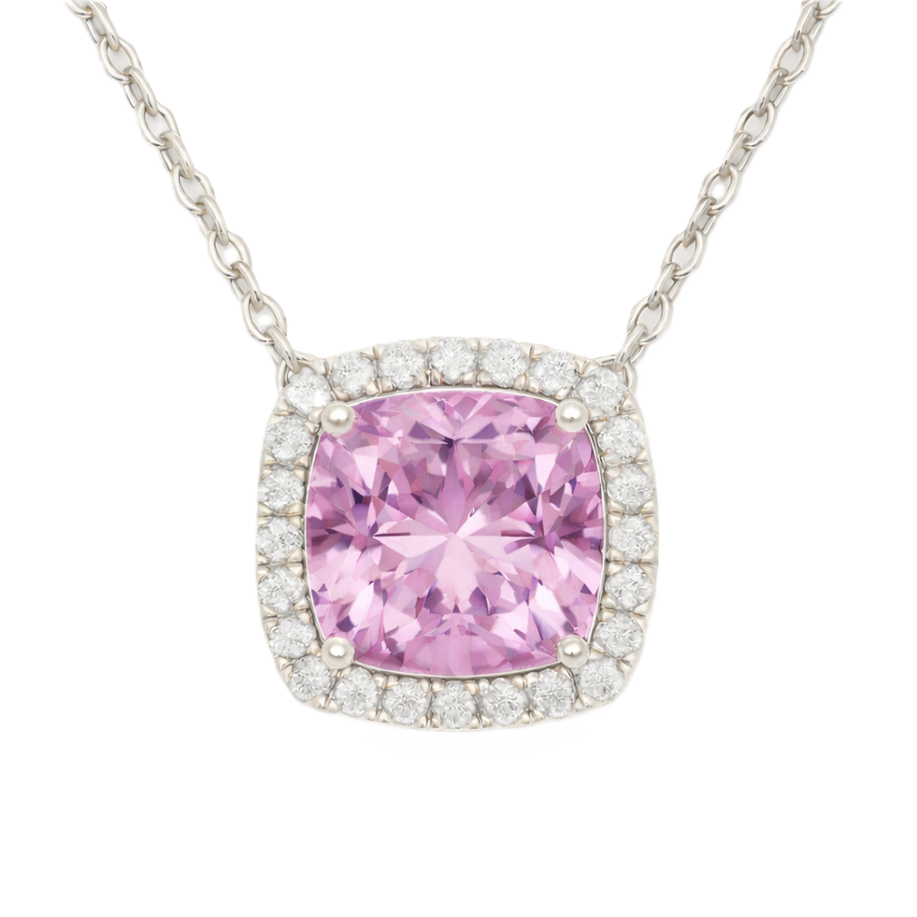 Pink amethyst necklace with an 8 mm cushion in white gold-plated 925 silver, accented with moissanite. Elegant for daily wear. Available now at BSI Jewelry.