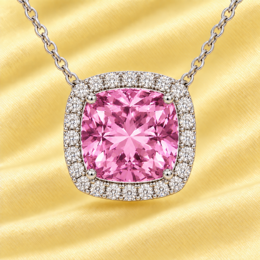 Pink amethyst necklace with an 8 mm cushion in white gold-plated 925 silver, accented with moissanite. Elegant for daily wear. Available now at BSI Jewelry.