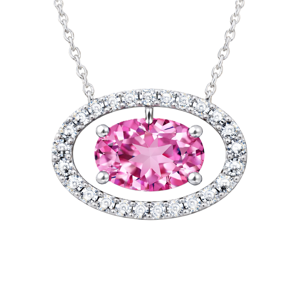 Pink amethyst necklace with an 8×5 mm oval in white gold-plated 925 silver, accented with moissanite. Elegant for daily wear. Available now at BSI Jewelry.