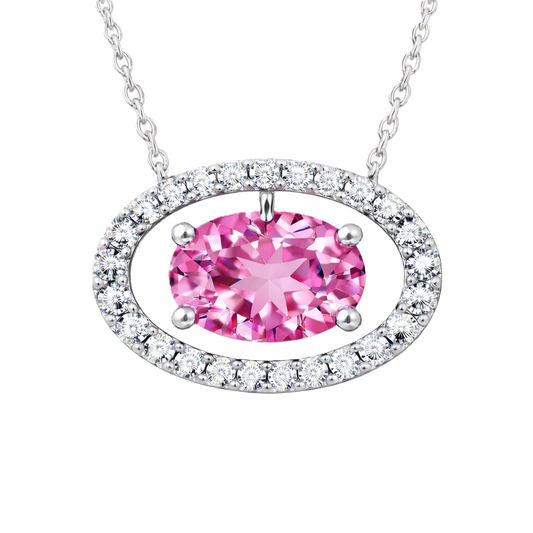 Pink amethyst necklace with an 8×5 mm oval in white gold-plated 925 silver, accented with moissanite. Elegant for daily wear. Available now at BSI Jewelry.